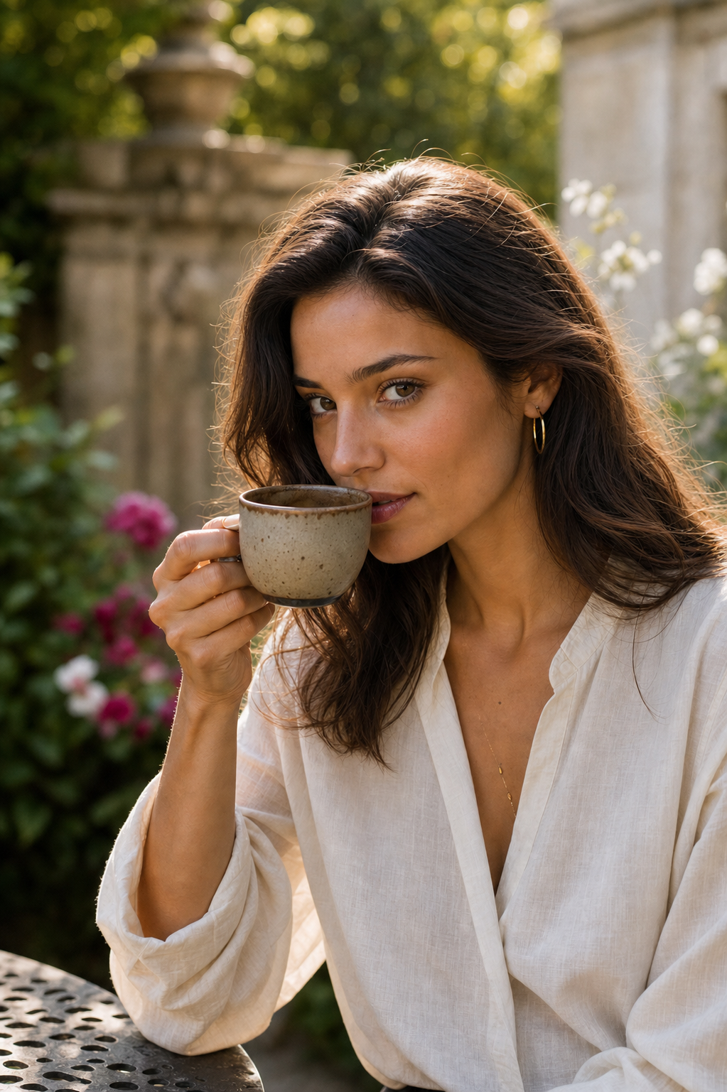 A guest savoring Coffee Editor in a garden courtyard